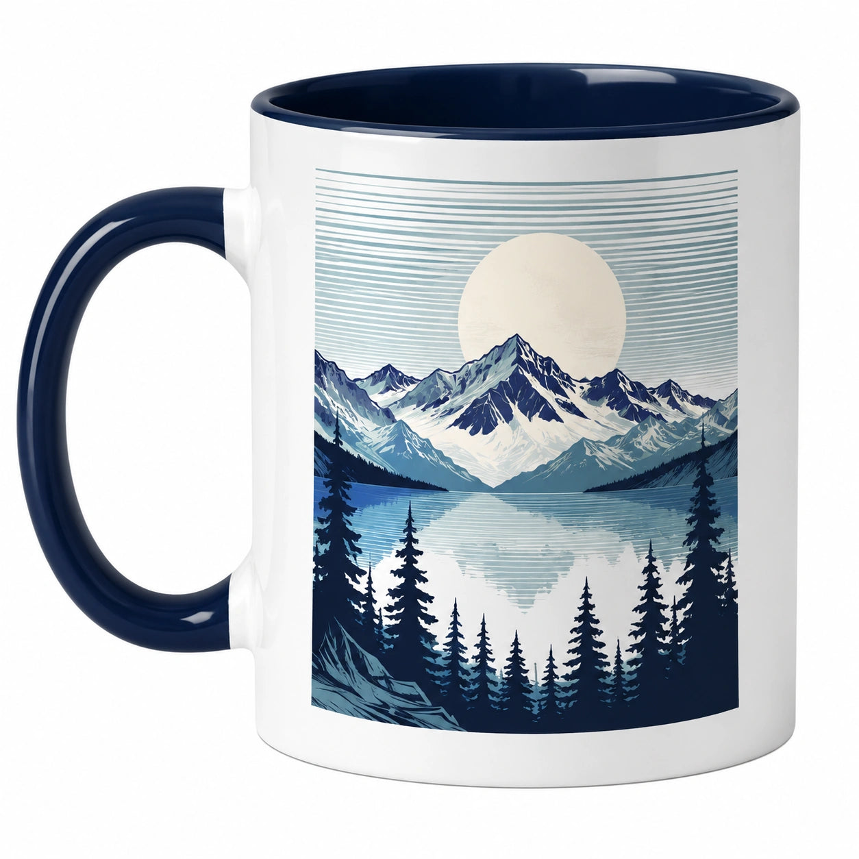 Keramiktasse Blau Weiß mit Berglandschaft Motiv