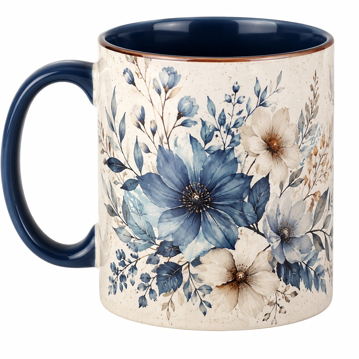 Keramiktasse mit Blumenmuster, Blau und Beige, 350ml
