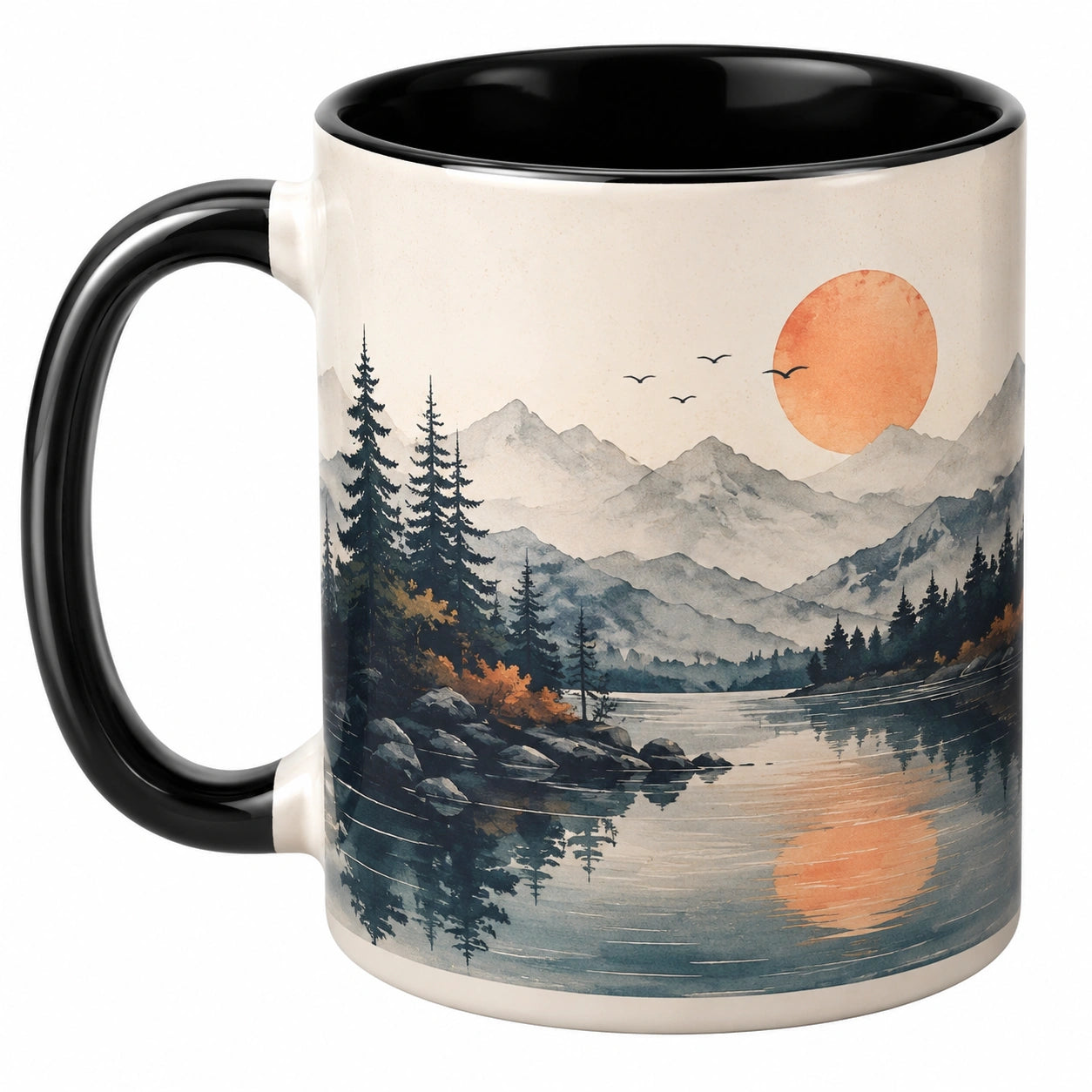 Keramikbecher mit Landschaftsmotiv 350 ml Schwarz und Mehrfarbig