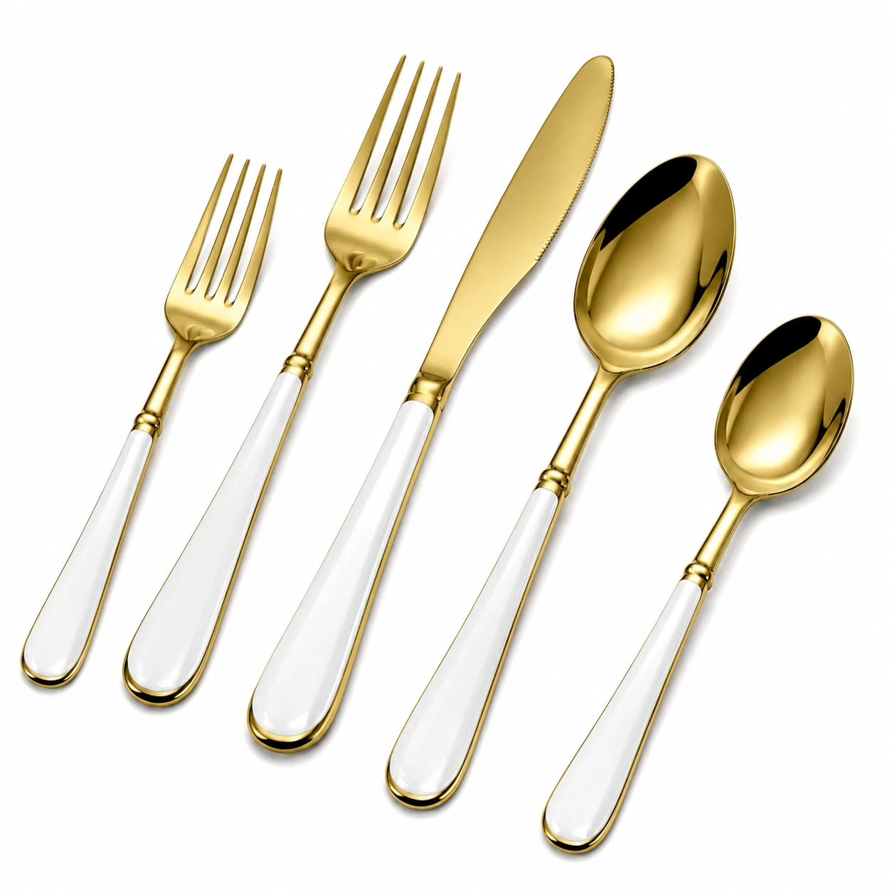 Elegantes Besteckset aus Edelstahl, Gold und Weiß