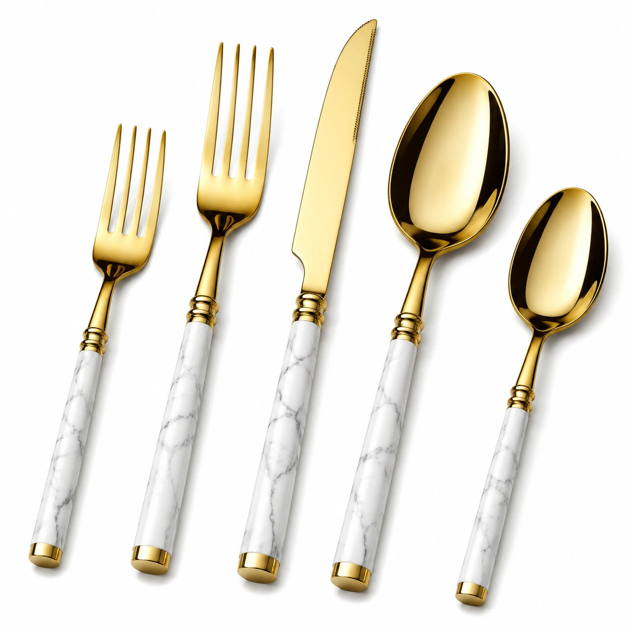 5-teiliges Besteckset Gold mit Marmorgriff