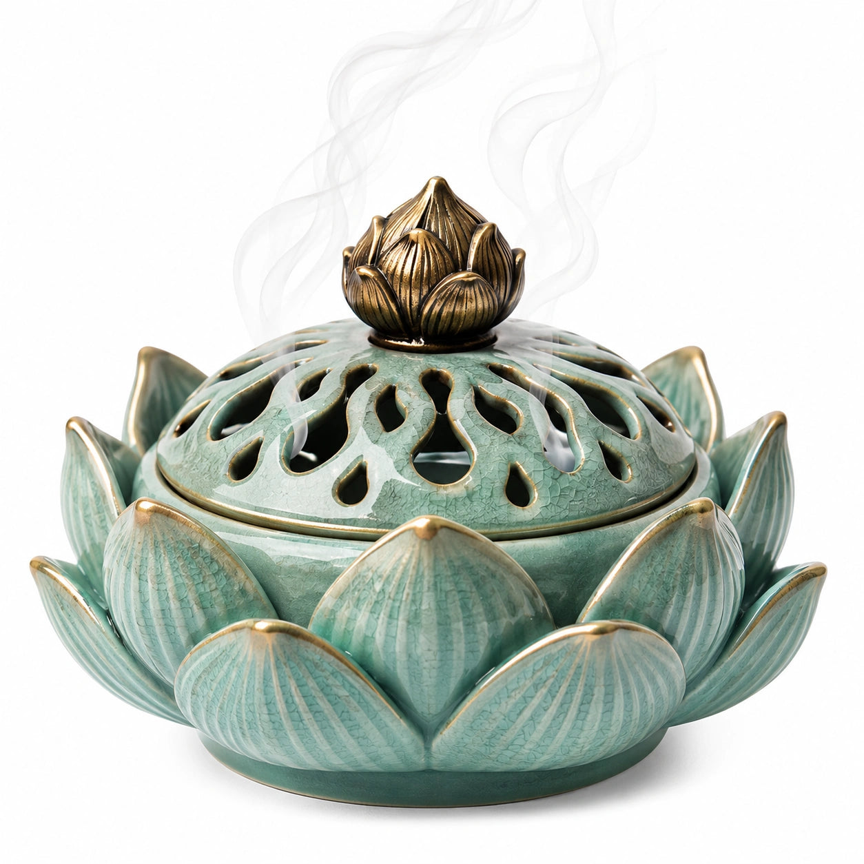 Lotus Räuchergefäß in Türkis und Gold mit Deckel