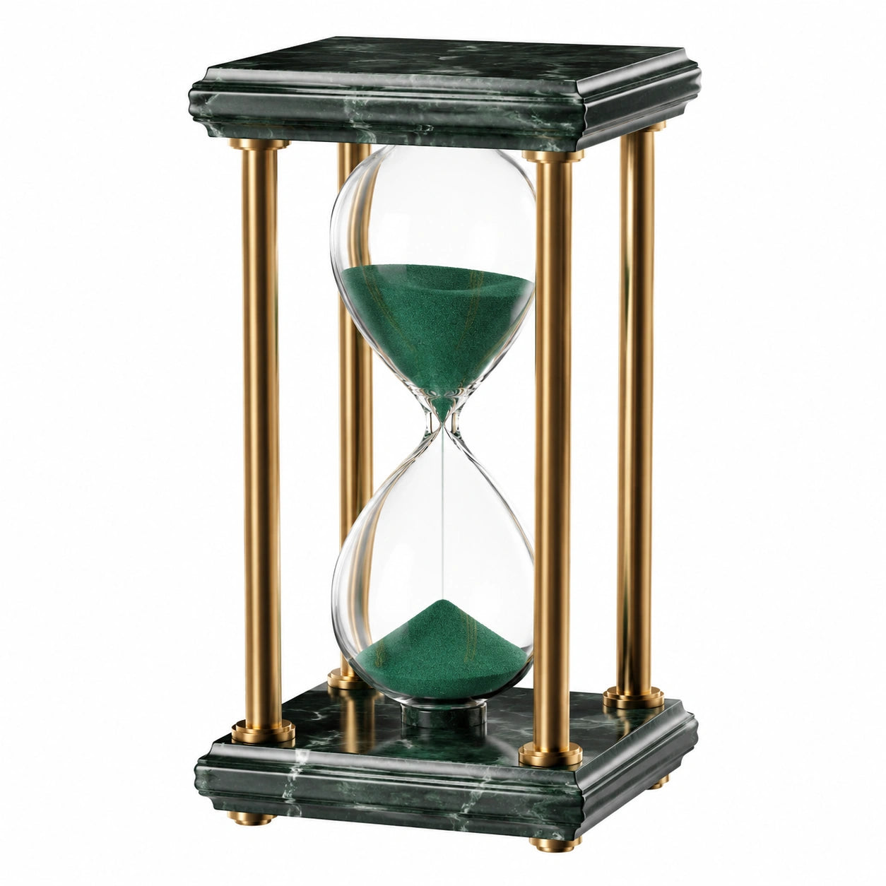 Sanduhr mit grüner Sandfüllung und Messingrahmen