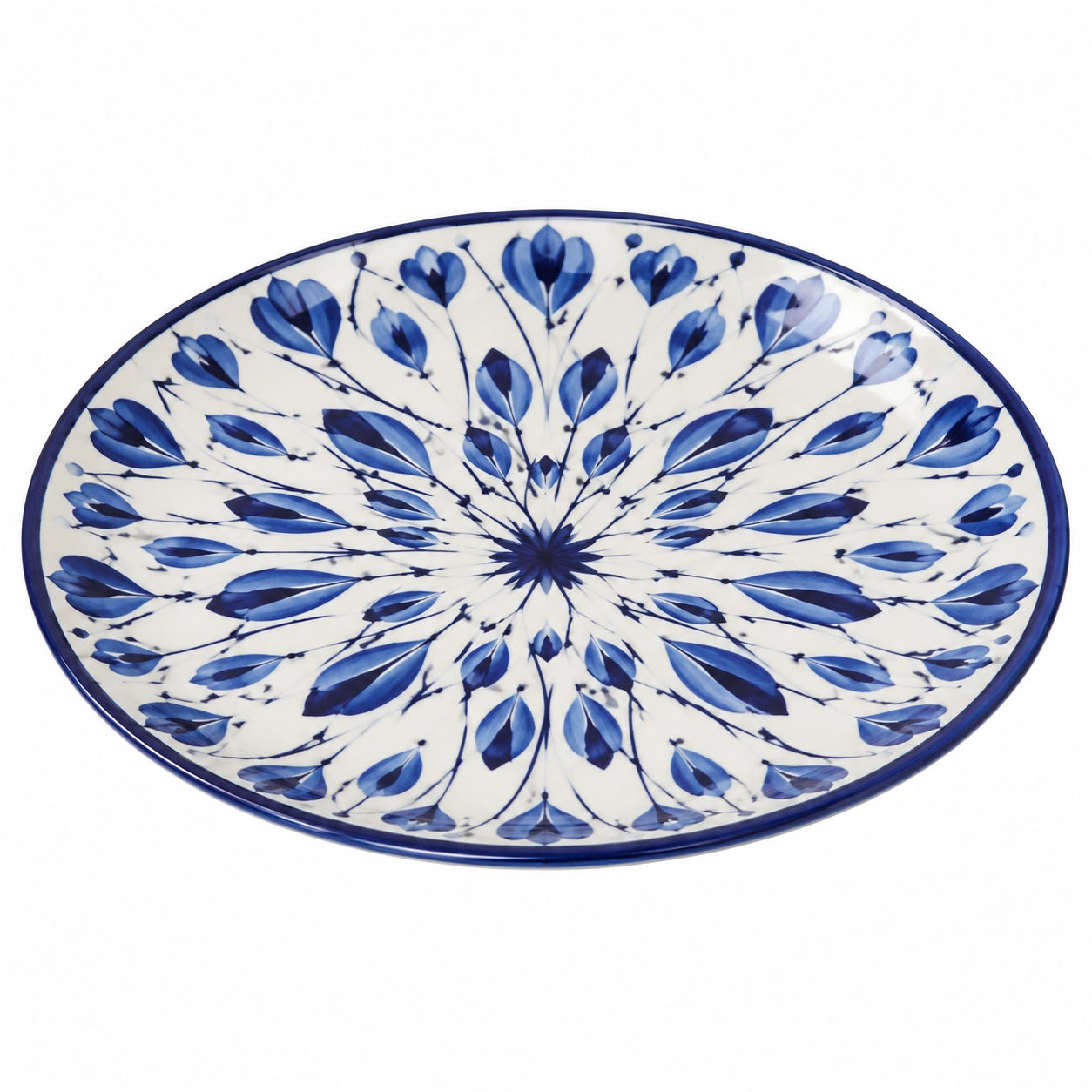 Blau-weißer Keramikteller mit Blumendesign, 30 cm