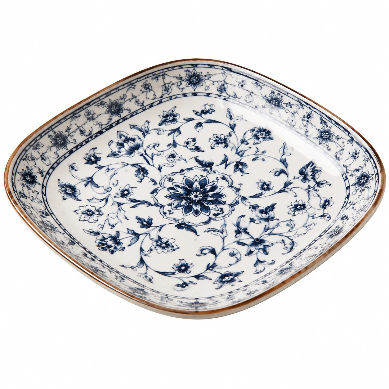 Quadratischer Porzellanteller mit Blumenmuster Blau/Weiß 30x30 cm