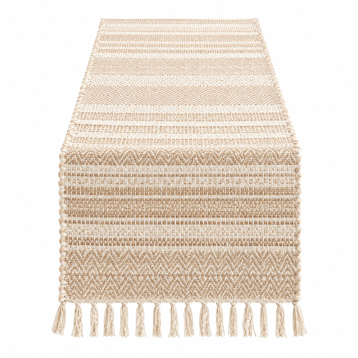 Handgewebter Tischläufer Beige Weiß mit Fransen