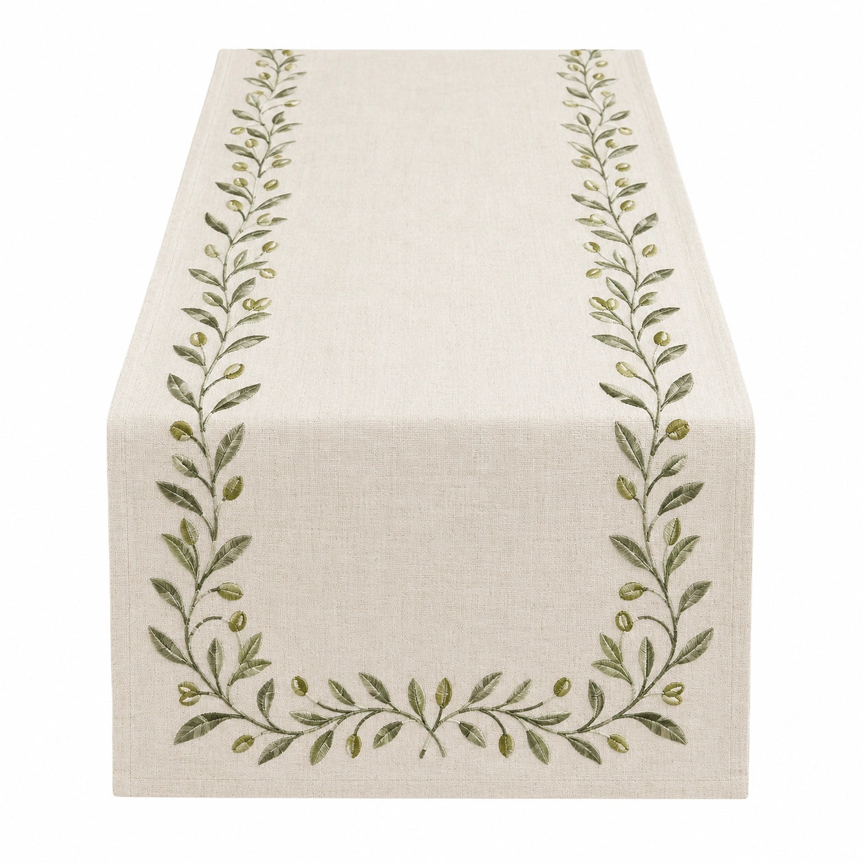 Gestickter Tischläufer 150x40 cm mit Olivendekor Beige/Grün